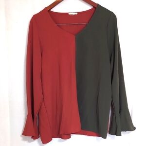 Cotton Bleu Orange Sage Split Vneck Bell Sleeve Blouse Size Medium